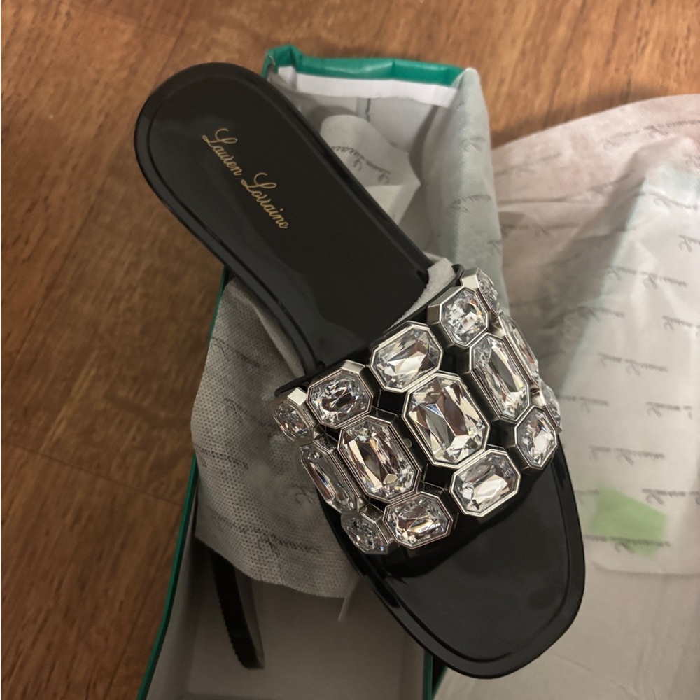 NEW Lauren Lorraine Black Slide Sandals with Crystals